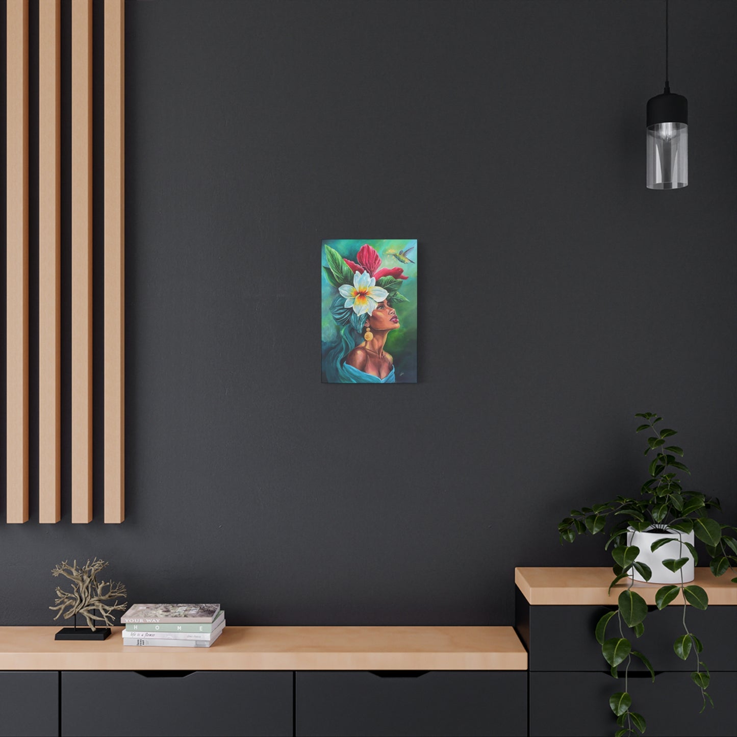 Tropical Portrait Canvas Print — Woman with Flower Headdress & Hummingbird