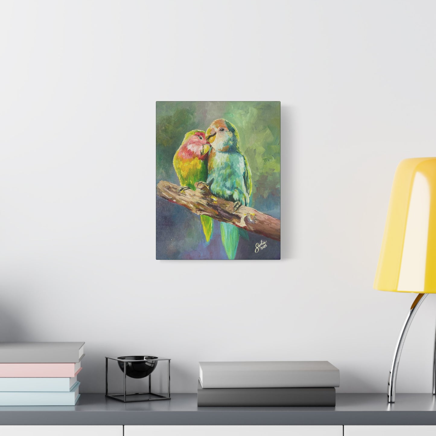 Lovebirds Canvas Wall Art — Colorful Tropical Parrot Painting on Stretched Matte Canvas
