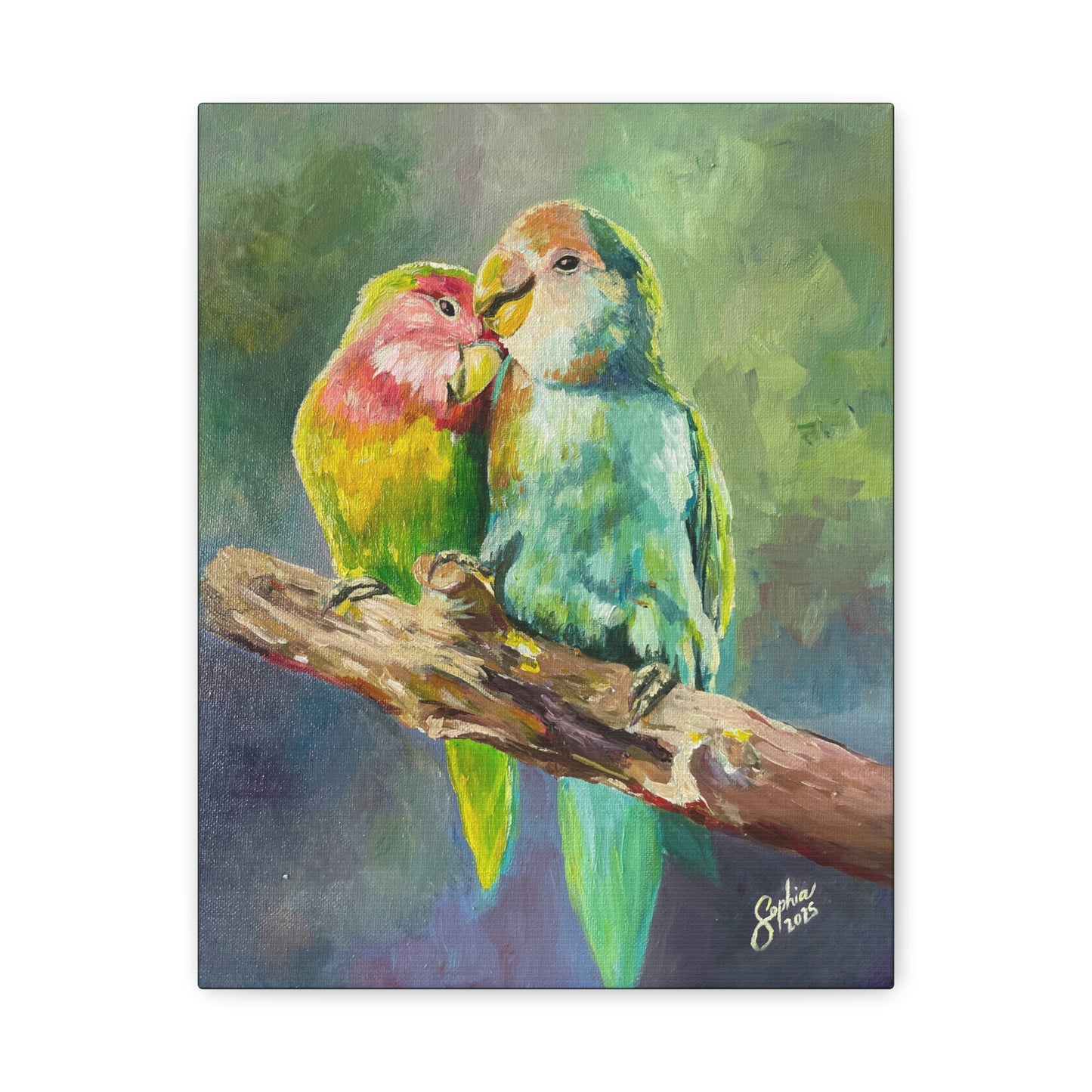 Lovebirds Canvas Wall Art — Colorful Tropical Parrot Painting on Stretched Matte Canvas