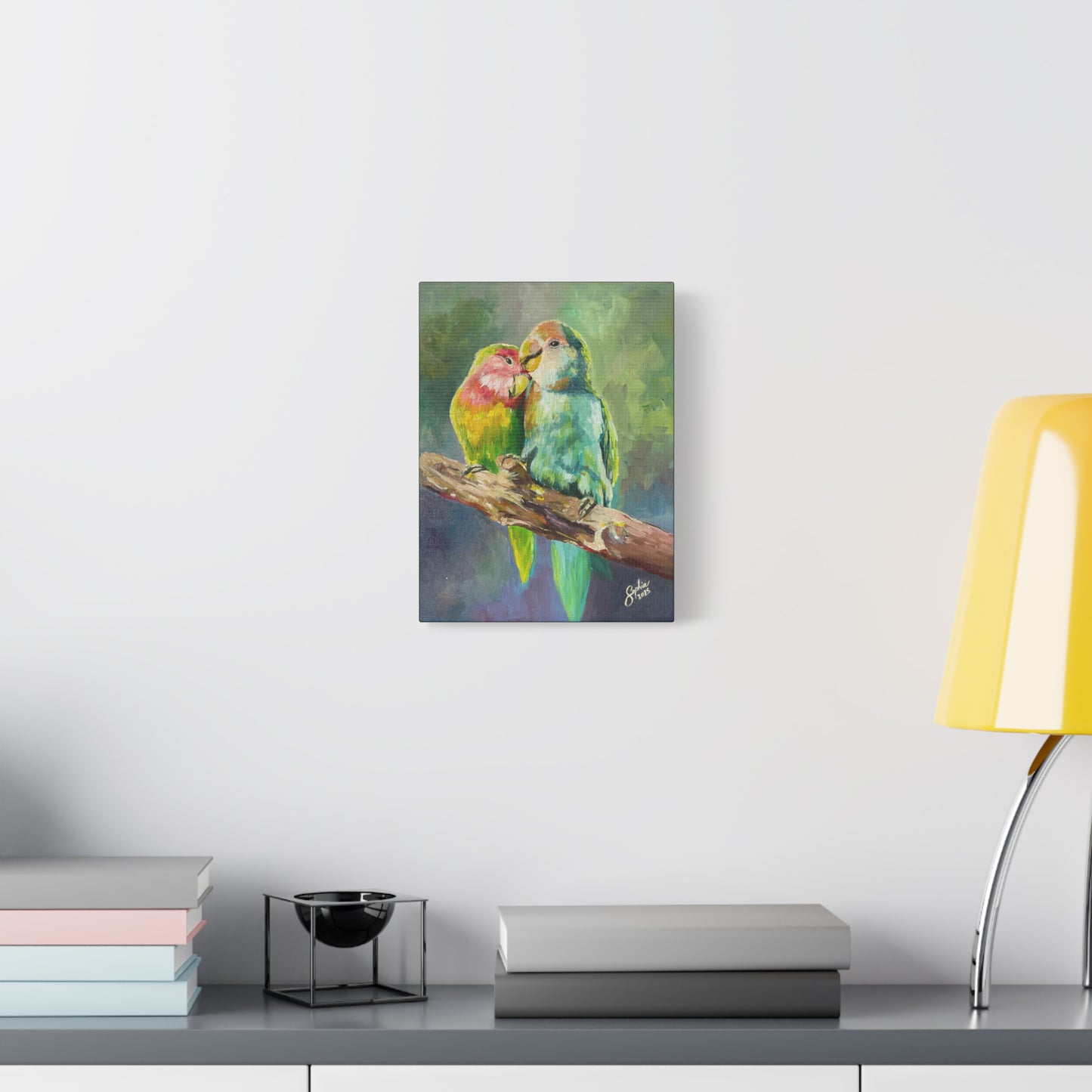 Lovebirds Canvas Wall Art — Colorful Tropical Parrot Painting on Stretched Matte Canvas