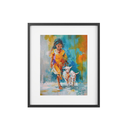Framed Poster of Girl Walking Goats – Colorful Impressionist Wall Art