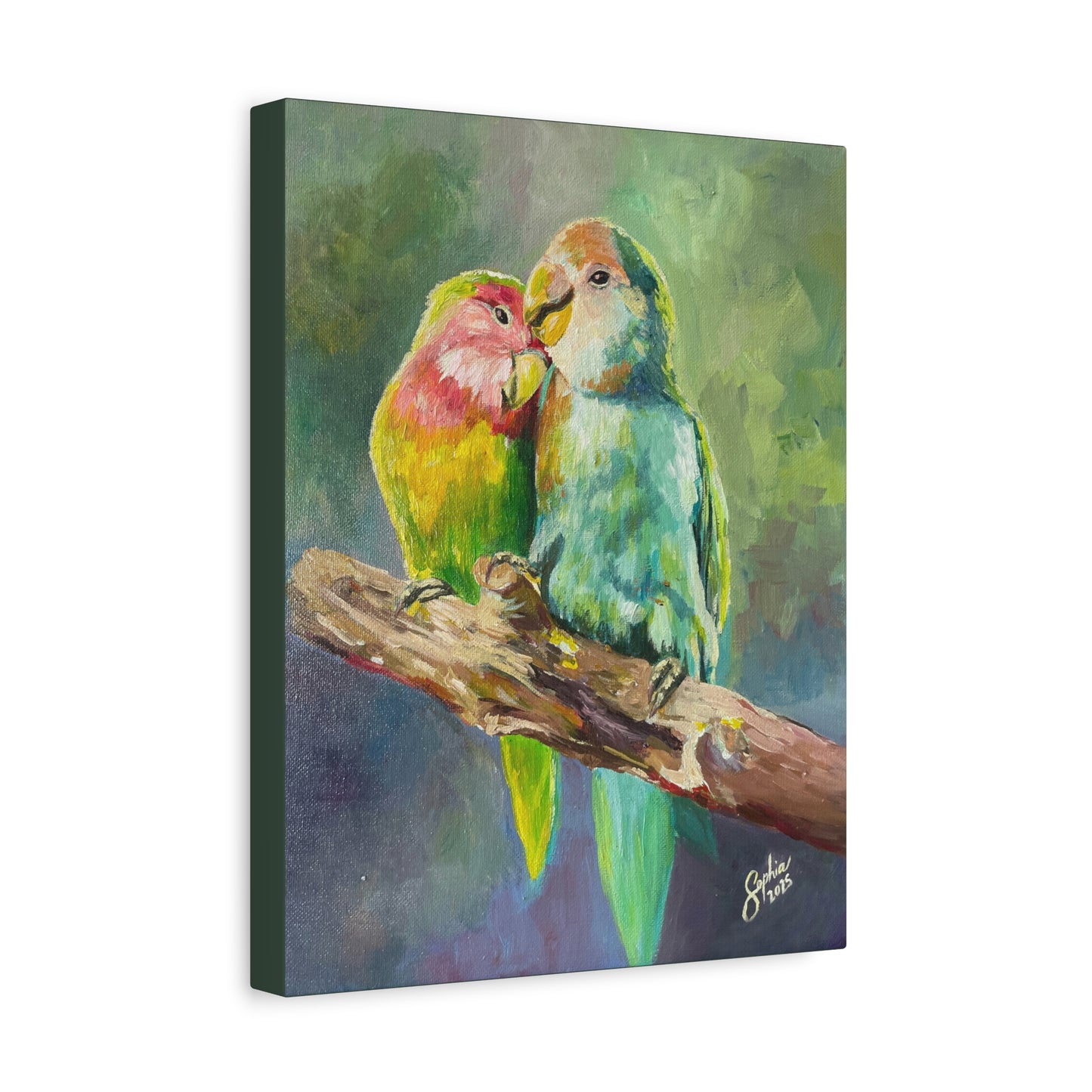 Lovebirds Canvas Wall Art — Colorful Tropical Parrot Painting on Stretched Matte Canvas