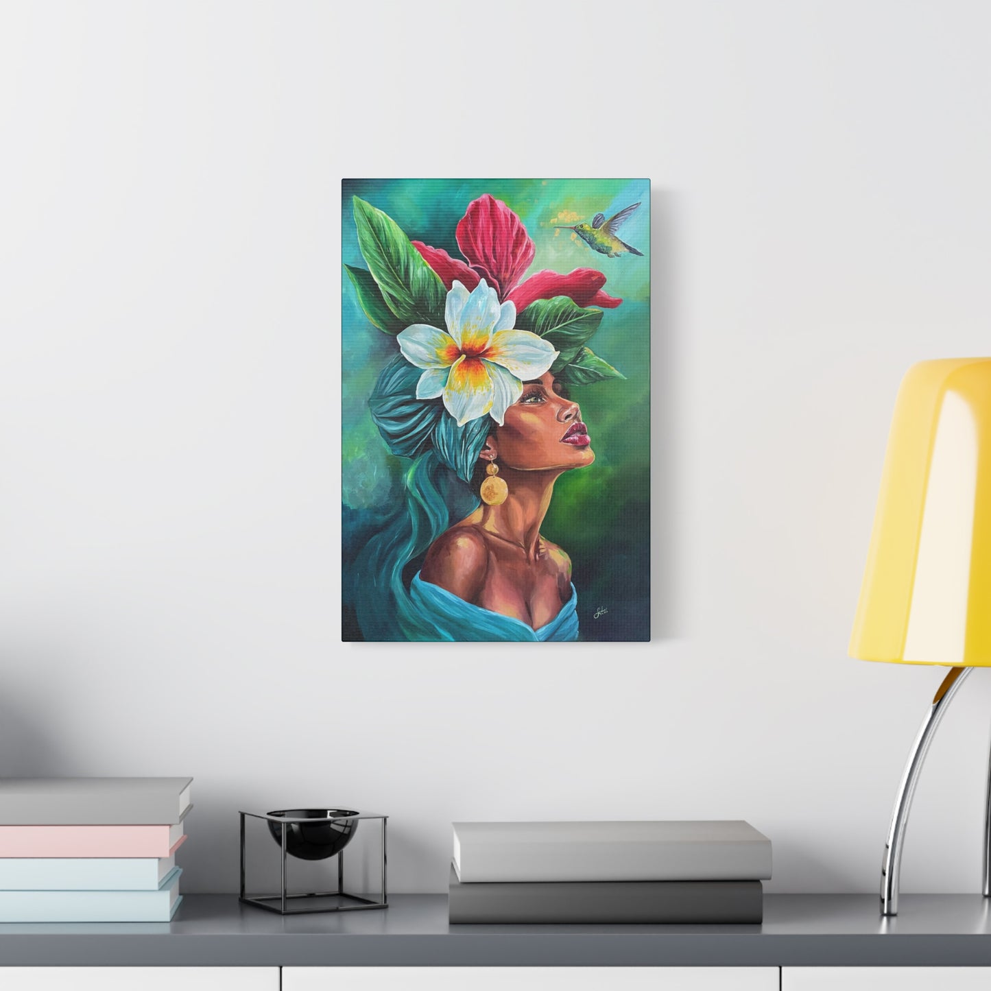 Tropical Portrait Canvas Print — Woman with Flower Headdress & Hummingbird