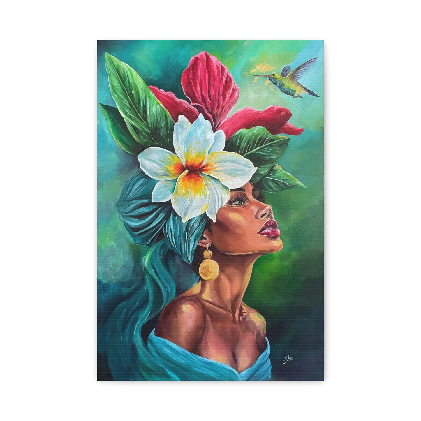 Tropical Portrait Canvas Print — Woman with Flower Headdress & Hummingbird