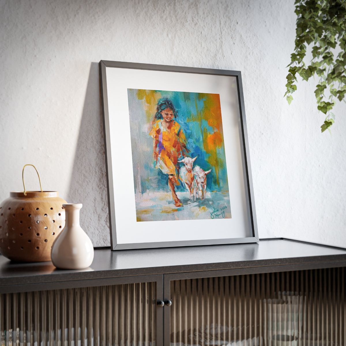 Framed Poster of Girl Walking Goats – Colorful Impressionist Wall Art
