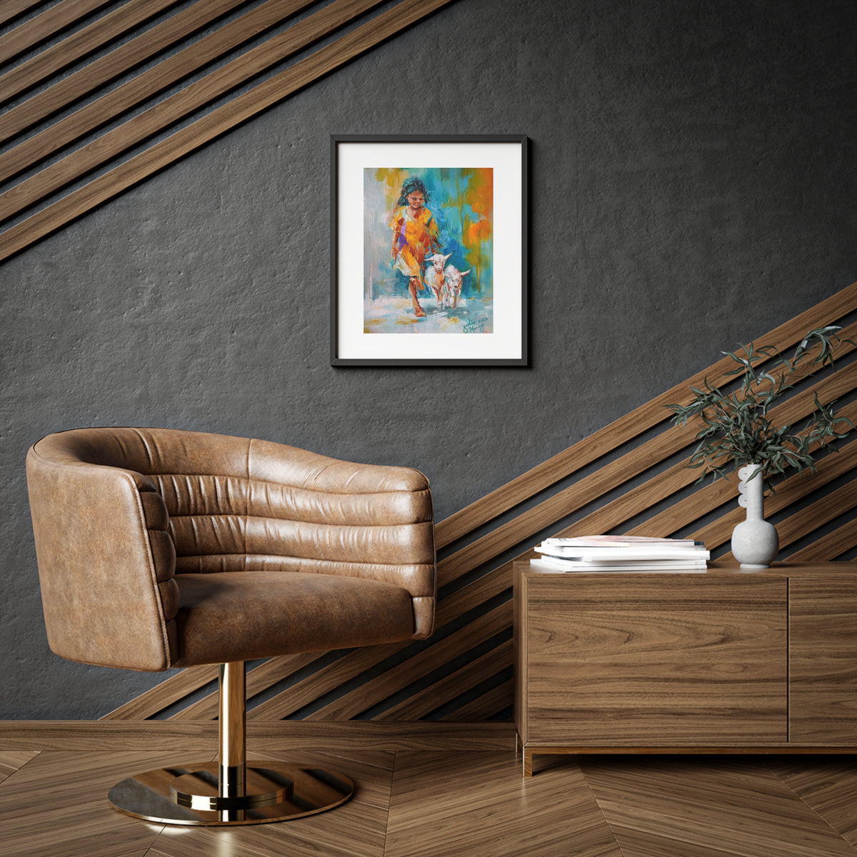 Framed Poster of Girl Walking Goats – Colorful Impressionist Wall Art