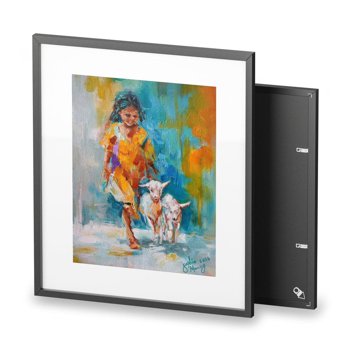 Framed Poster of Girl Walking Goats – Colorful Impressionist Wall Art
