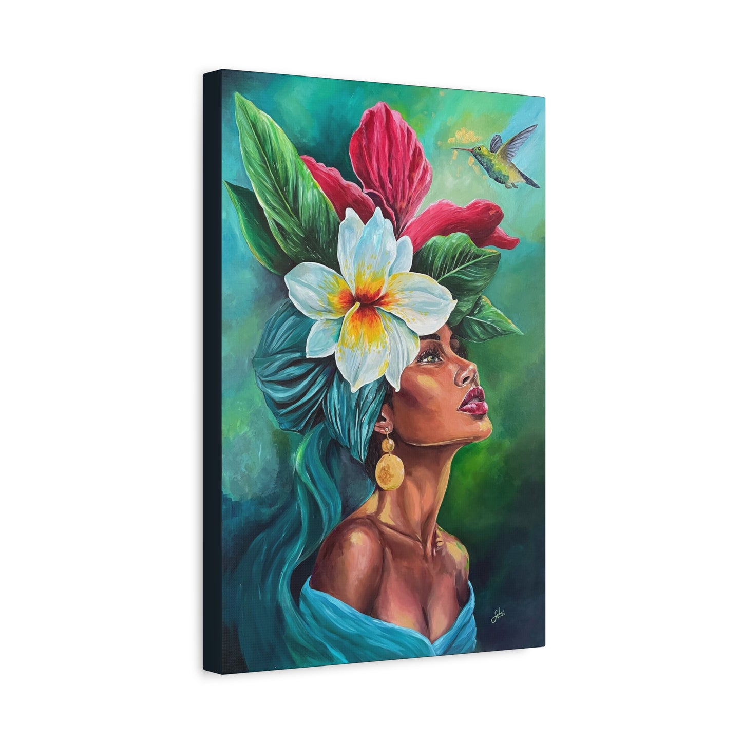 Tropical Portrait Canvas Print — Woman with Flower Headdress & Hummingbird