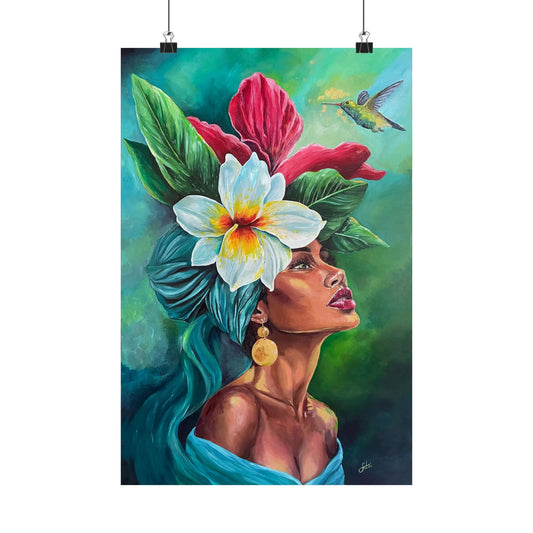 Tropical Woman Poster — Vibrant Floral Portrait Matte Vertical Art Print